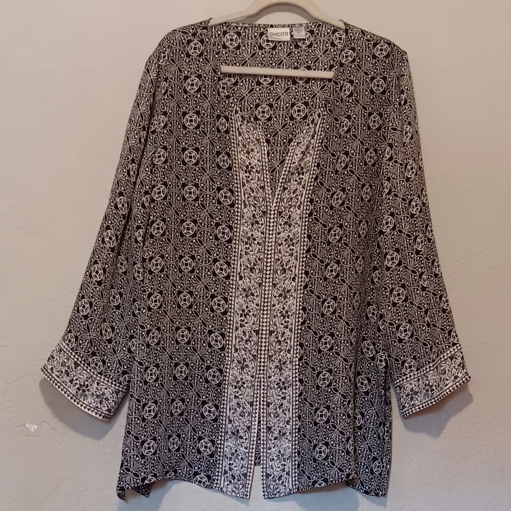 CHICOS 100%‎ Silk Tunic Black White Sz3 Long Sleeve Vneck Blouse Y2K